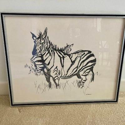 Lot 007-DR: Zebra Watercolor attributed to Lois Green Cohen

Features: 
â€¢	Large-framed Zebra watercolor on paper, signed by artist,...