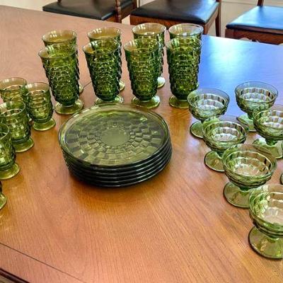 Lot 034-LR: Americana Glassware - Green

Includes: 
â€¢	6 plates, 8 drinking glasses, 8 juice glasses, and 8 sherbet cups


Condition:...