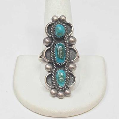 #570 â€¢ Native American Sterling Ring with 3 Turquoise Stones, 12.24g
