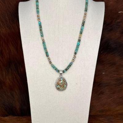 #522 â€¢ Native American Sterling Beaded Turquoise Necklace, 47g
