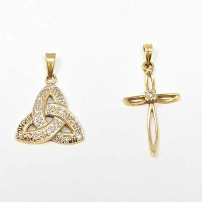 #718 â€¢ (2) 14K Gold Diamond Celtic & Cross Pendants, 1.75g

