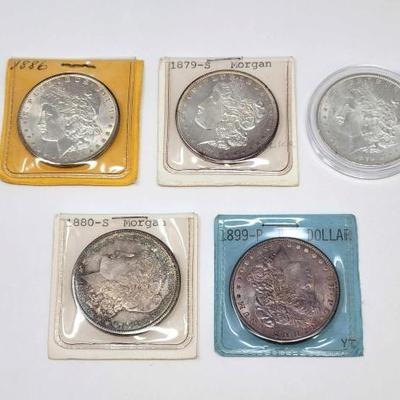 #1302 â€¢ (5) 1879-1899 Morgan Silver Dollars
