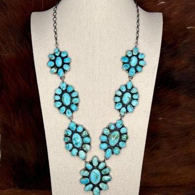 #500 â€¢ Native American Sterling Silver Turquoise Cluster Necklace, 212g
