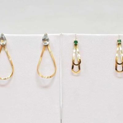 #716 â€¢ (2) 14K Gold Earrings with Chrysoprase & Aqua Stones, 4g
