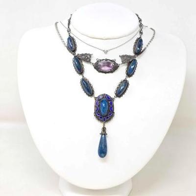 #914 â€¢ (3) Sterling Necklaces with Semi Percious Stones & Diamond, 35.81g
