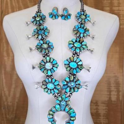 #508 â€¢ Native American Sterling Silver Turquoise Squash Blossom Set, 445g
