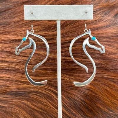 #544 â€¢ Native American Sterling Horse Earrings with Turquoise Stones, 12g

