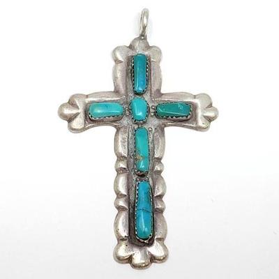 #908 â€¢ Sterling Native American 6 Stone Turquoise Cross Pendant, 23.32g

