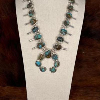 #518 â€¢ Native American Sterling Silver Turquoise Squash Blossom Set,126g

