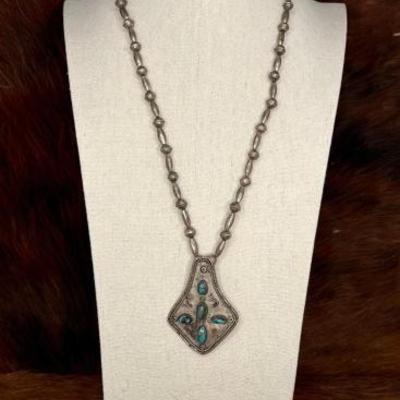 #506 â€¢ Native American Sterling Silver Turquoise Center Necklace, 50g

