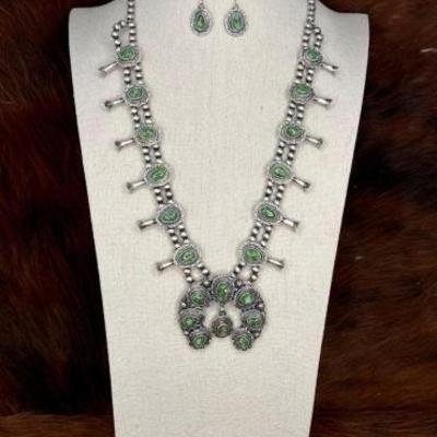 #514 â€¢ Native American Sterling Silver Turquoise Squash Blossom Set, 172g
