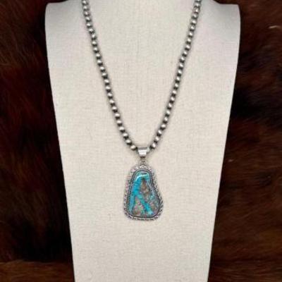 #520 â€¢ Native American Sterling Turquoise Necklace, 62g
