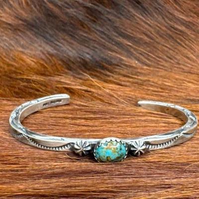 #540 â€¢ Native American Sterling Cuff with Turquoise Stone, 16g
