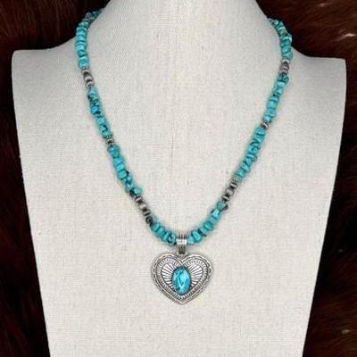 #524 â€¢ Native American Sterling Beaded Turquoise Necklace with Heart Turquoise Pendant, 48g
