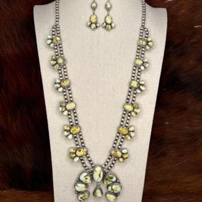 #512 â€¢ Native American Sterling Silver Palomino Turquoise Squash Blossom Set, 222g
