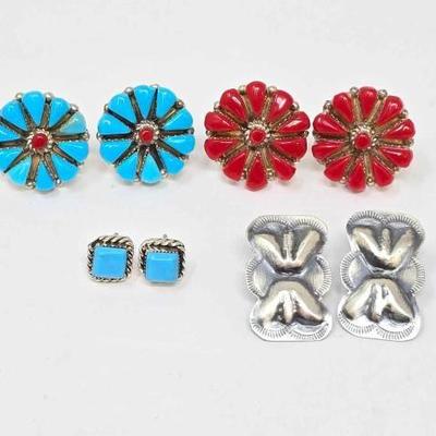 #584 â€¢ (4) Native American Sterling Turquoise & Coral Earrings, 1401g
