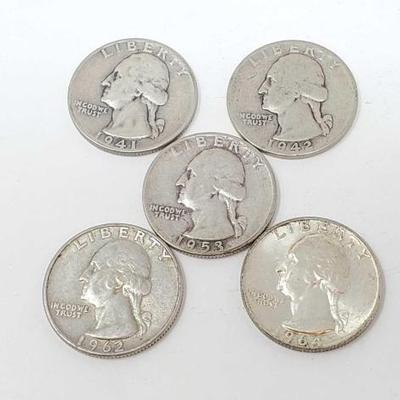 #1400 â€¢ (5) 1941-1964 90% Silver Washington Quarters
