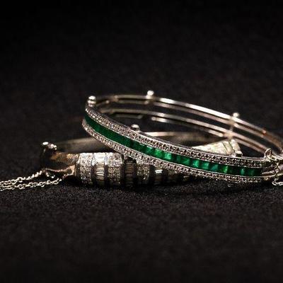 14K White Gold Bangles - One with 3 Rows of Diamond Emeralds | Second with Princess Cut and Bagget Cut Diamonds