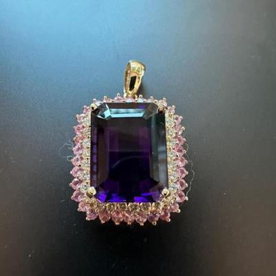 Amethyst, diamond and pink sapphire pendant on 14k gold setting