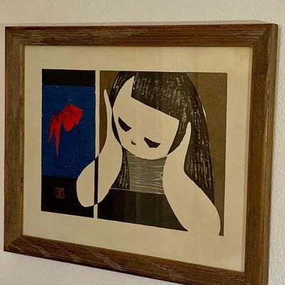 Kaoru Kawano girl & goldfish woodblock print