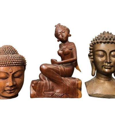 Three Carved Wood Statues, Buddha, Goddess
