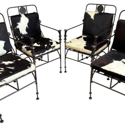 Brutalist Rustic Iron Campaign Chairs in Cowhide; Set 4
