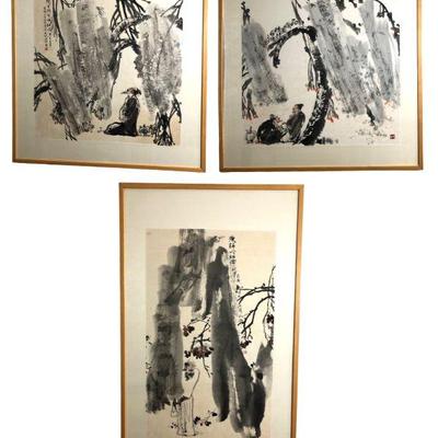 Three Large Watercolor and Ink Artworks on Paper, Chinese, Early 20th C.
