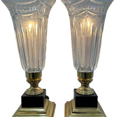 Pair of WATERFORD Crystal Electric Hurricane Lamps Pompeii Marble Base
