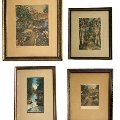 Collection Four WALLACE NUTTING Painted, Signed Photograph Prints, Birch Trees, Cottage
