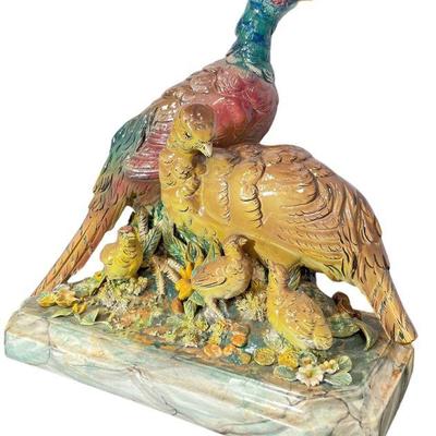 Large Majolica Style Signed FREEMAN LEIDY Pheasant Sculpture
