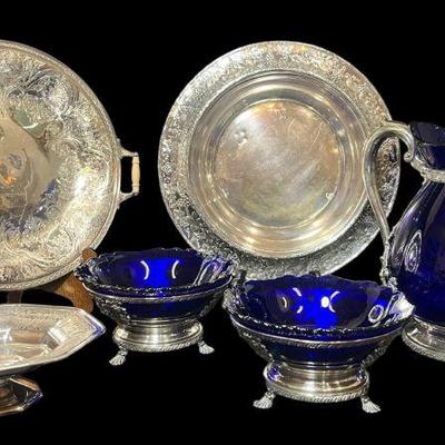 Collection Silver Plate, Cobalt Glass Pitcher and Compotes, Austin Estate
