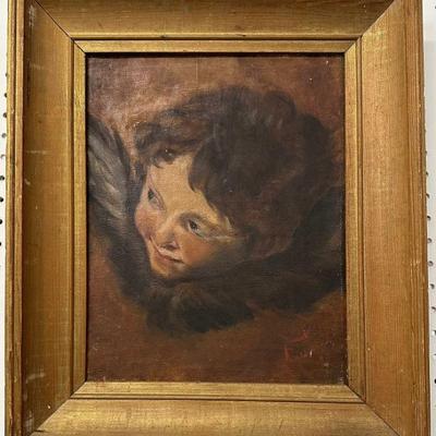 19th C Oil Painting of Cherub Child w/ Wings
