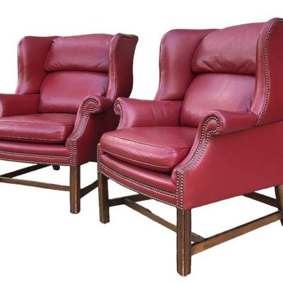 Red Leather Wingback Chairs, Pair
