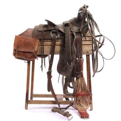1930's-40's Complete Horse Tack: Saddle, bridle, wooden stand owned by artist Louis Marak