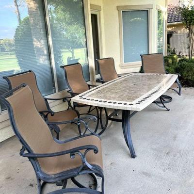 STONE TABLE AND IRON CHAIRS, PATIO SET