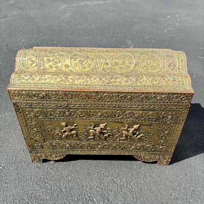 JEWELED CARVED GILT DECORATIVE CHEST | Storage chest or Sarcophagus with decorative figures in reserves and decorated with colorful...