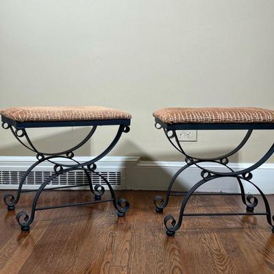 PAIR OF MATCHING IRON STOOLS/FOOT RESTS | Pair of iron stools/foot rests with matching tan cushions - w. 19.5 x h. 18.5 in

