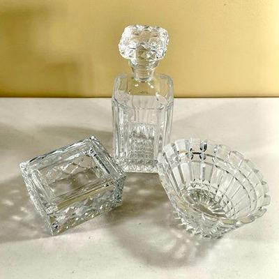 (3PC) SET OF CUT GLASS | Including a decanter, miller rogaska lidded box, and an oval bowl. - h. 10 in (tallest)

