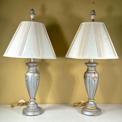 PAIR OF SILVERED METAL LAMPS | Streamline Tabletop with white shades. - w. 17 x dia. 34 in (Over shade)

