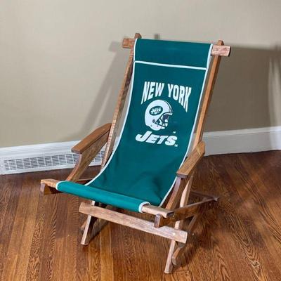 NEW YORK JETS FOLDING LOUNGE CHAIR | Wooden folding NY Jets canvas seat. - dia. 38 in (Approx)

