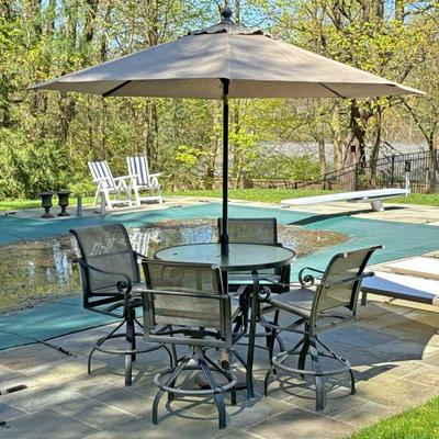 (6PC) PATIO SET | Powder-coated aluminum furniture with glass tabletop and Pro Shade Patio Umbrella. Counter height. - h. 39 x dia. 42 in...