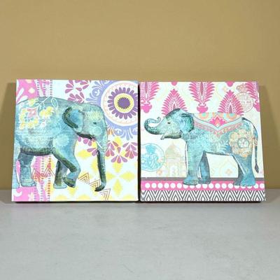 PAIR OF ELEPHANT PRINTS ON CANVAS | Set of elephant artwork on canvas. Perfect for a children’s bedroom. - l. 12 x w. 12 in

