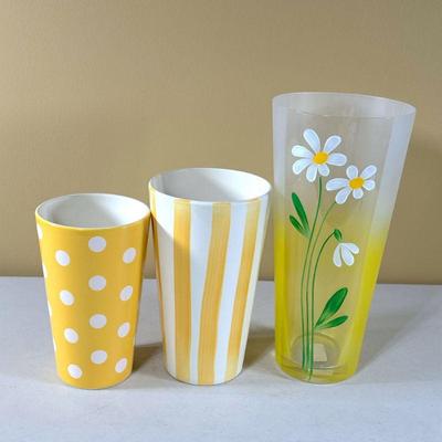(3PC) SET OF YELLOW VASES | 2 ceramic and 1 glass. - h. 12 in (Largest)

