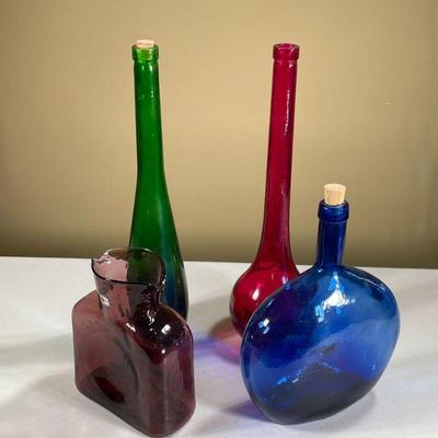 (4PC) DECORATIVE COLORED GLASS | including Blenko pitcher and cobalt glass. - h. 17 in (Tallest)

