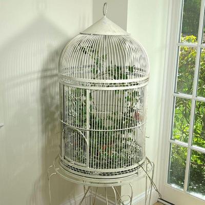 DISTRESSED BIRDCAGE ON STAND | Metal painted white decorative bird cage. Can be used as a unique planter. - w. 20 x h. 57 in


