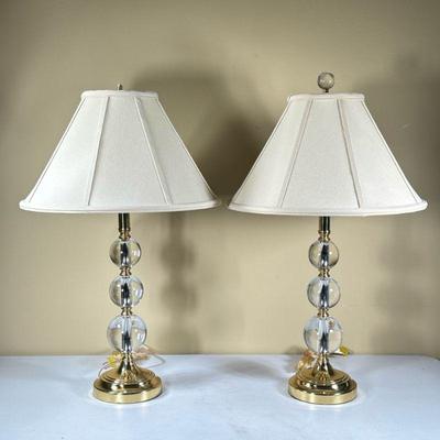 PAIR STACKED CRYSTAL BALL LAMPS | With white empress shades. - h. 28.5 x dia. 17 in (over shade)

