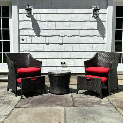 (3PC) PAIR OF PATIO CHAIRS WITH SMALL MATCHING TABLE | Red cushions on chairs, footrest pulls out when in use. Glass tabletop. - w. 21 x...