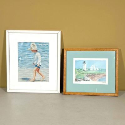 (2PC) SEASIDE THEMED ARTWORK | 2 framed pieces of art depicting ocean themes. One titled Edgartown Light signed by artist. - l. 15 x w....