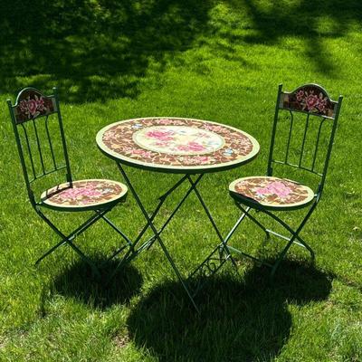 (3PC) IRON MOSAIC PATIO SET | Including 2 chairs and one table. Beautiful floral mosaic design. All three pieces are collapsible making...