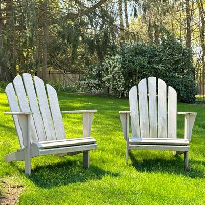 PAIR VINTAGE GRAY PAINTED ADIRONDACK CHAIRS | Old wood with gray paint. - l. 39 x w. 30 x h. 35 in (each chair)


